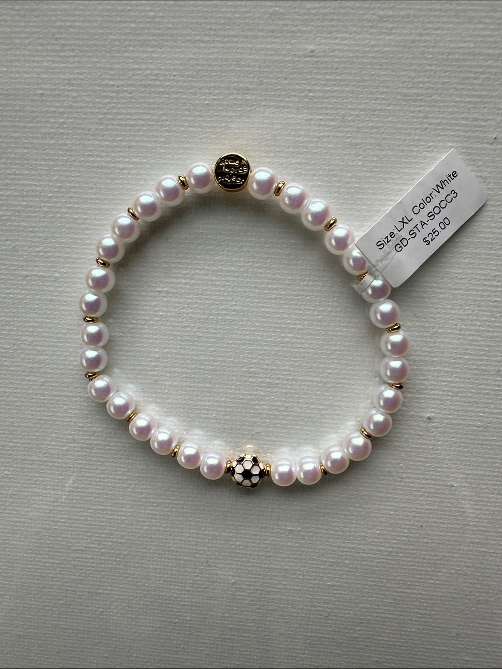 Little Words Project Soccer Pearl Base Bracelet with Gold Accents White Size LXL